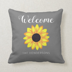 Welcome Yellow Sunflower Bloom Grey Family Name Cushion
