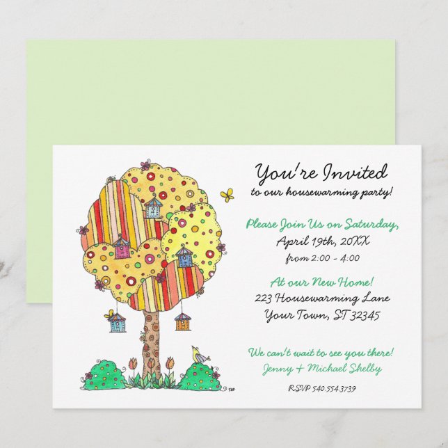 Welcoming Birdhouse Tree Housewarming Invitation (Front/Back)