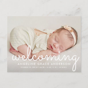 Welcoming fun script baby announcement postcard