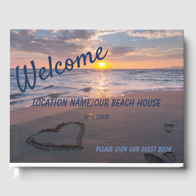 Welcoming Ocean Beach Sunset Blue Fonts Guest Book (Front)
