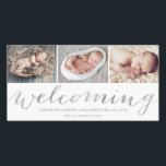 Welcoming Silver Script | Birth Announcement<br><div class="desc">This simple and chic 3-photo birth announcement photo card features a collage with whimsical script lettering that highlights your new arrival. Please note that this is not actual metallic foil and will be printed flat.</div>