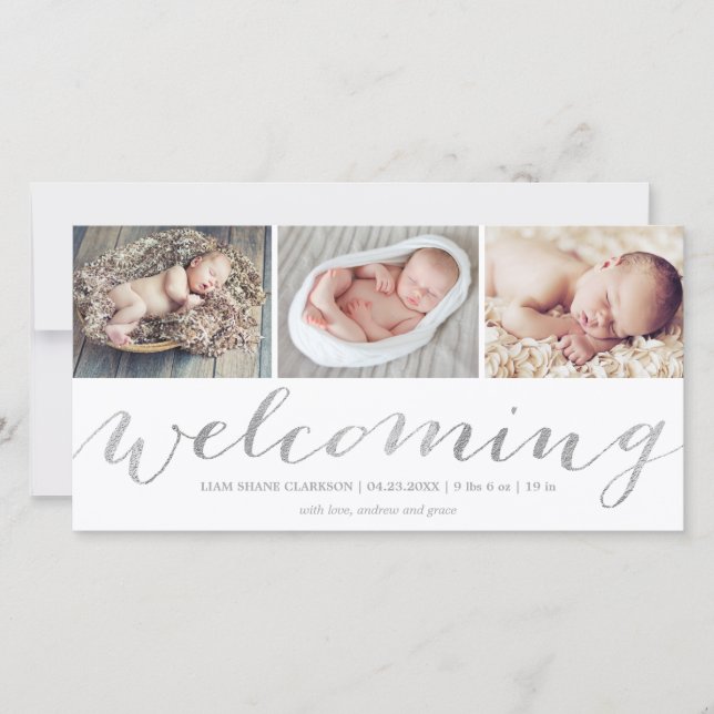 Welcoming Silver Script | Birth Announcement (Front)