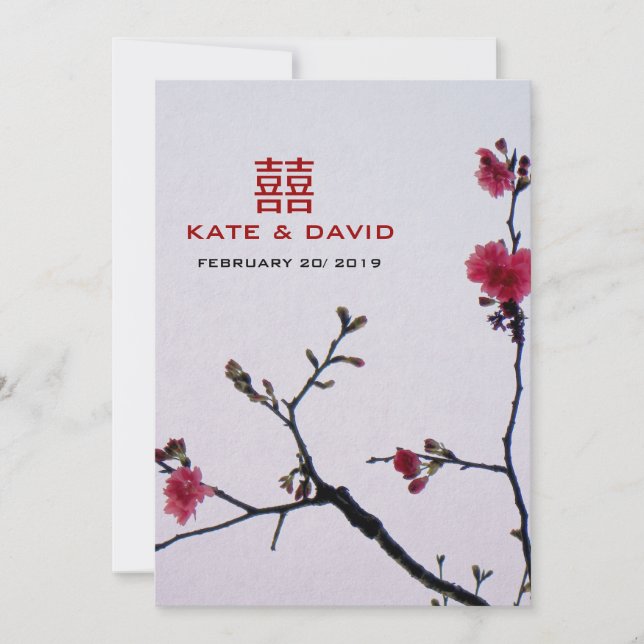 Welcoming Spring/Oriental Sakura Double Happiness Invitation (Front)