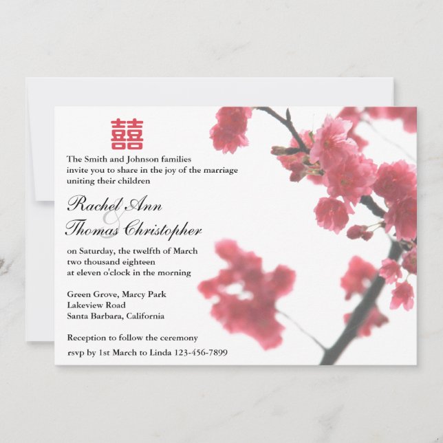 Welcoming Spring Sakura Double Happiness Wedding© Invitation (Front)