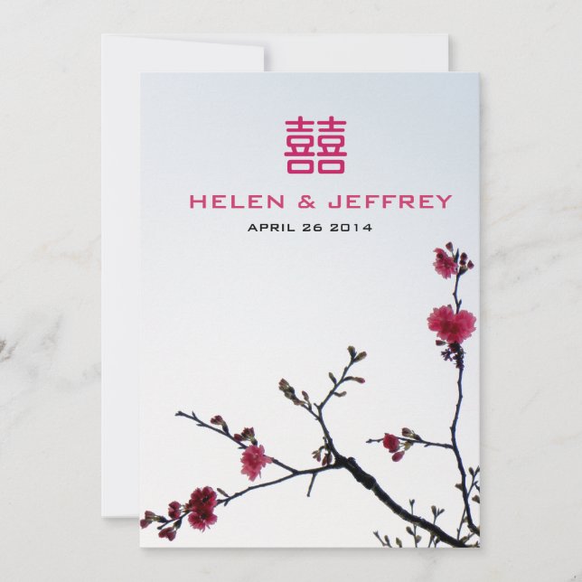 Welcoming Spring Sakura Double Happiness Wedding Invitation (Front)