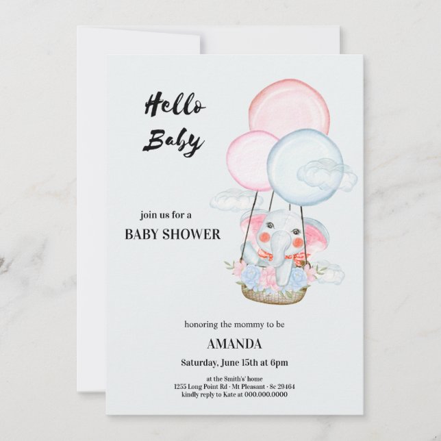 Welcoming the baby elephant above the clouds invitation (Front)