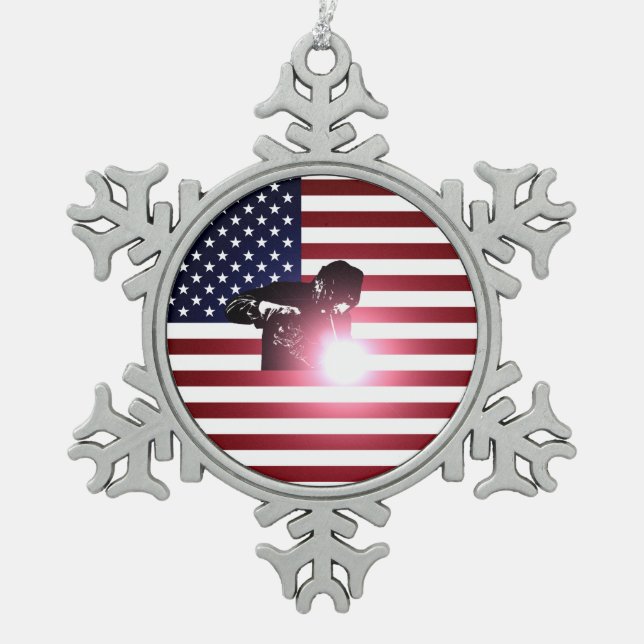 Welder & American Flag Snowflake Pewter Christmas Ornament (Front)