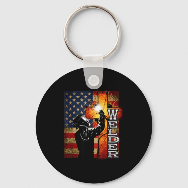 Welder American Flag Welding Faith Cross Christian Key Ring (Front)