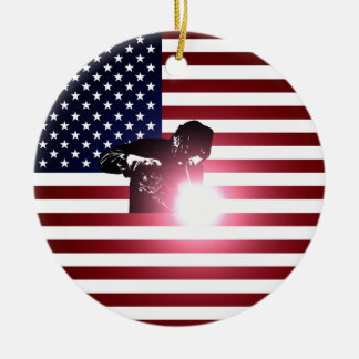 Welder and American Flag Ceramic Tree Decoration