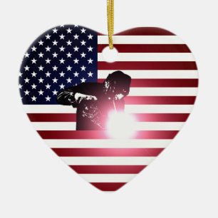 Welder and American Flag Ceramic Tree Decoration