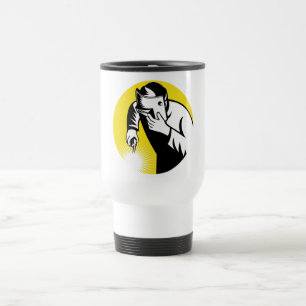 Welder at work welding set inside circle travel mug