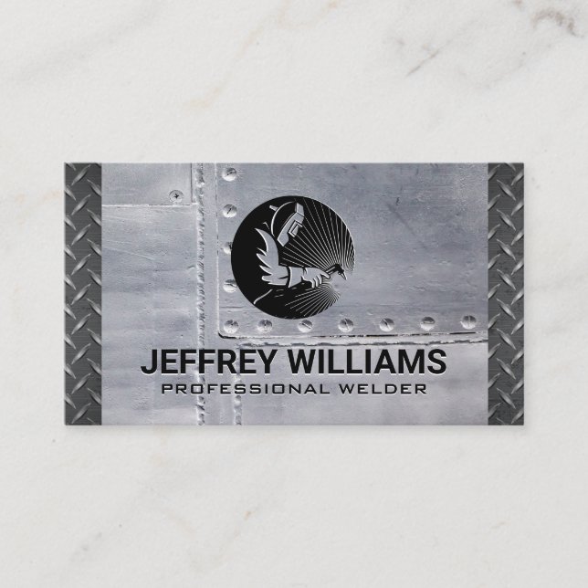 Welder | Metal Rivets | Diamond Plated Steel Business Card (Front)