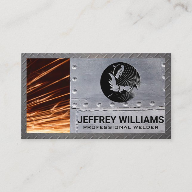 Welder | Metal Rivets | Sparks | Metal Border Business Card (Front)