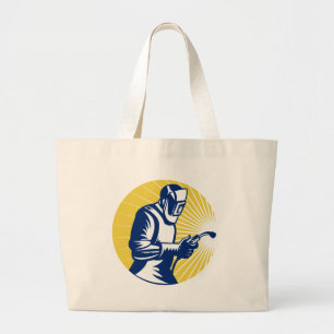 welder welding  worker retro large tote bag