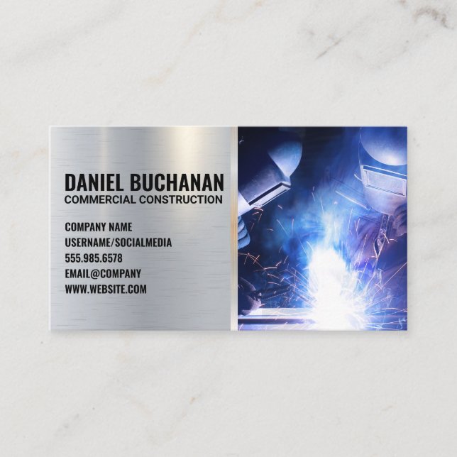 Welder Worker | Sparks | Steel Metallic Business Card (Front)