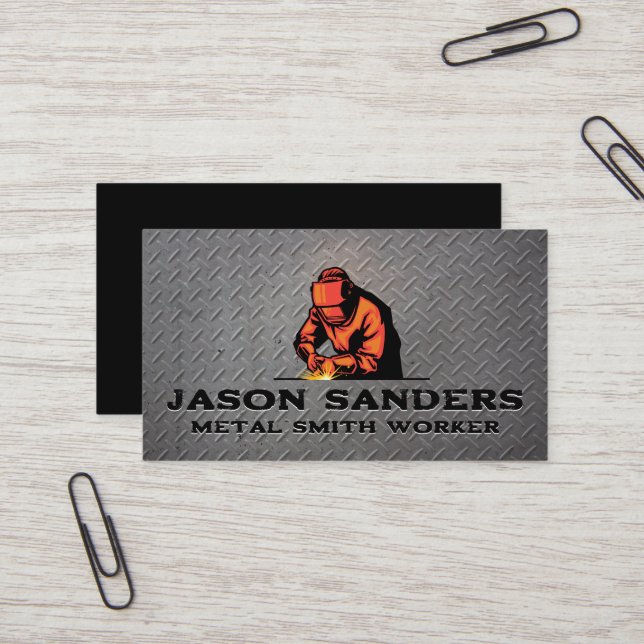 Welder Working | Metal Steel Background Business Card (Front/Back In Situ)