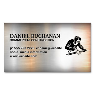 Welder Working on Steel   Metallic Background Magnetic Business Card