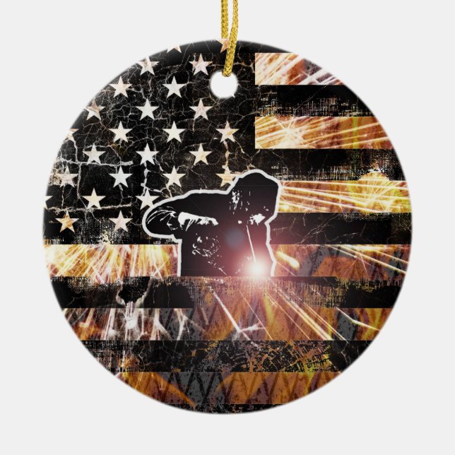 Welding Flag Sparks and Flames Ceramic Tree Decoration (Front)