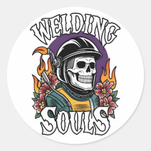 Welding Souls Retro Skull Helmet Torch Flames Art Classic Round Sticker