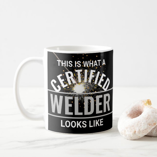 Welding Torch & Sparks Certified Welder Black Coffee Mug (With Donut)