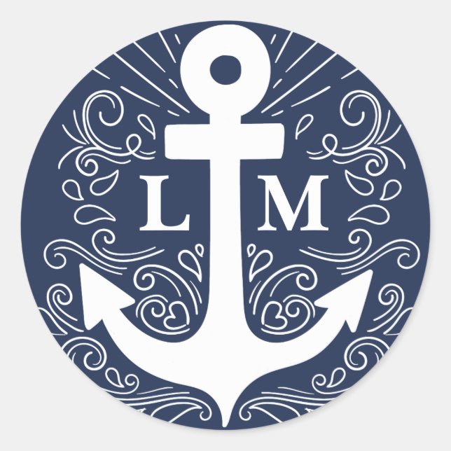 Well Anchored | Nautical Monogram Wedding Classic Round Sticker (Front)