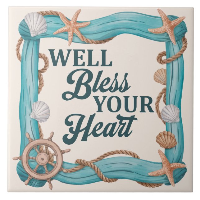 Well Bless Your Heart Southern Coastal Sea Shell Tile (Front)