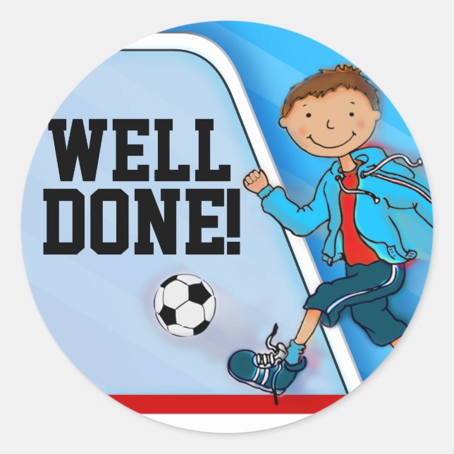 Well done! boys blue football soccer sticker (Front)