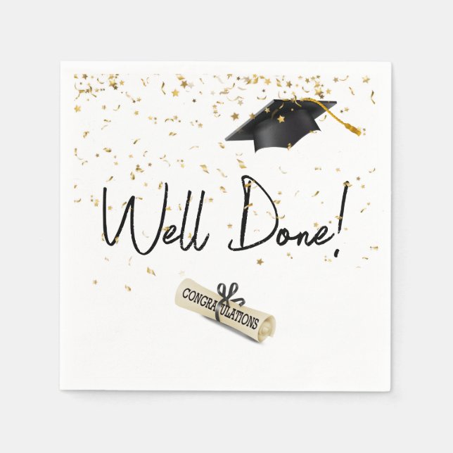 Well Done Graduation Gold Confetti With Black Cap Napkin (Front)