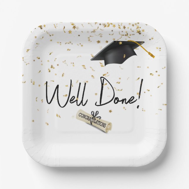 Well Done Graduation Gold Confetti With Black Cap Paper Plate (Front)
