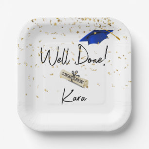 Well Done Graduation Gold Confetti With Blue Cap Paper Plate