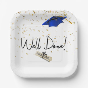 Well Done Graduation Gold Confetti With Blue Cap Paper Plate