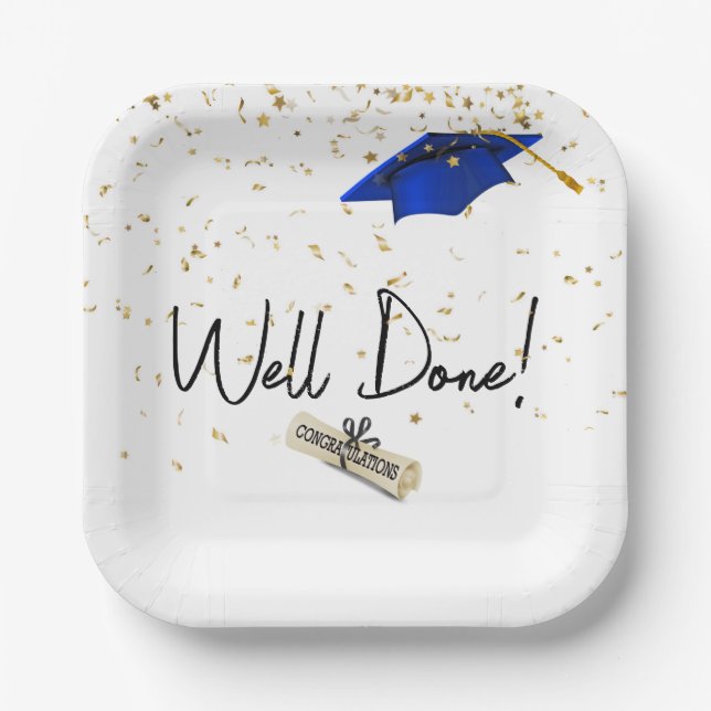 Well Done Graduation Gold Confetti With Blue Cap Paper Plate (Front)