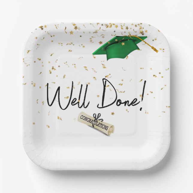 Well Done Graduation Gold Confetti With Green Cap Paper Plate (Front)