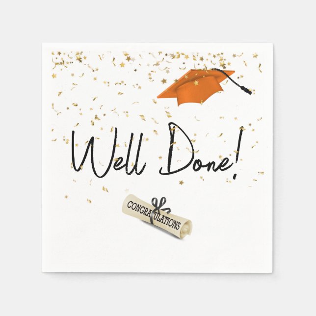 Well Done Graduation Gold Confetti With Orange Cap Napkin (Front)