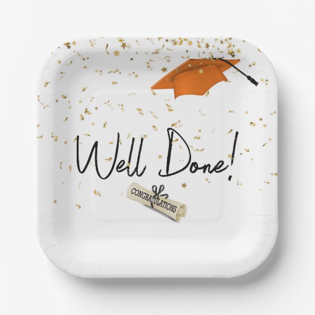 Well Done Graduation Gold Confetti With Orange Cap Paper Plate (Front)