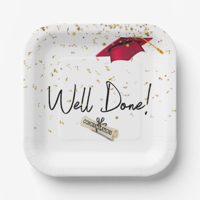 Well Done Graduation Gold Confetti With Red Cap Paper Plate (Front)