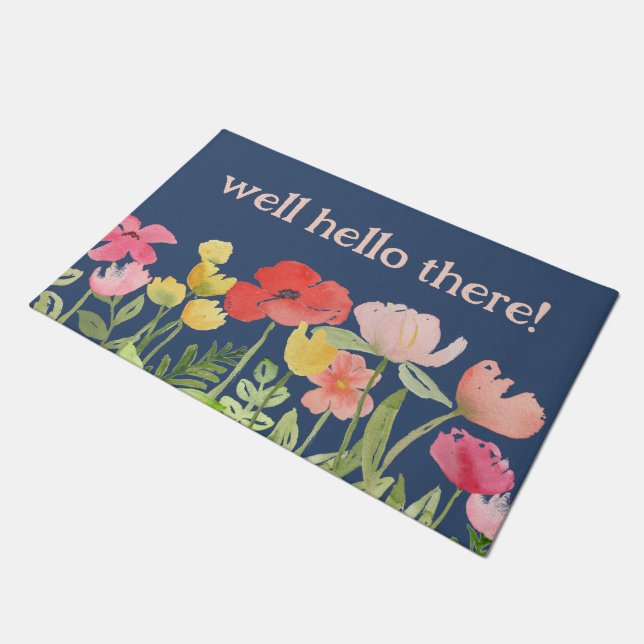 Well Hello There Watercolor Flowers Welcome Mat (Angled)
