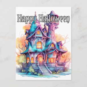 Well-lit Old Haunted House Halloween Postcard