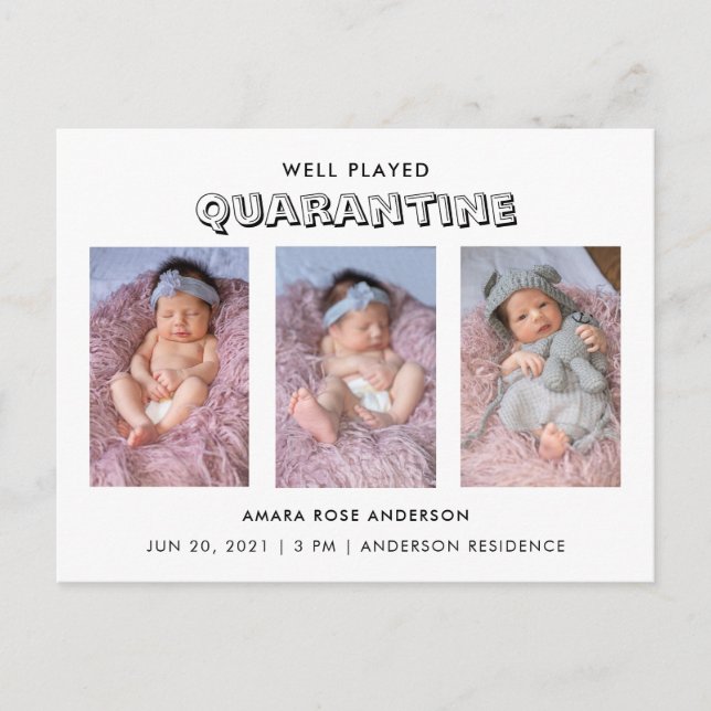 Well Played Quarantine 3 Photo Birth Announcement (Front)