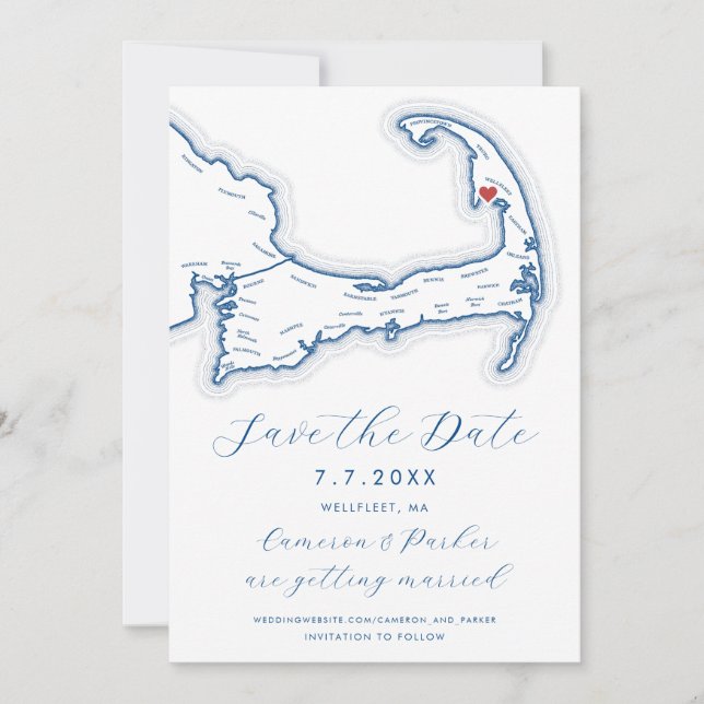Wellfleet MA Cape Cod Map Navy Blue Wedding Save The Date (Front)