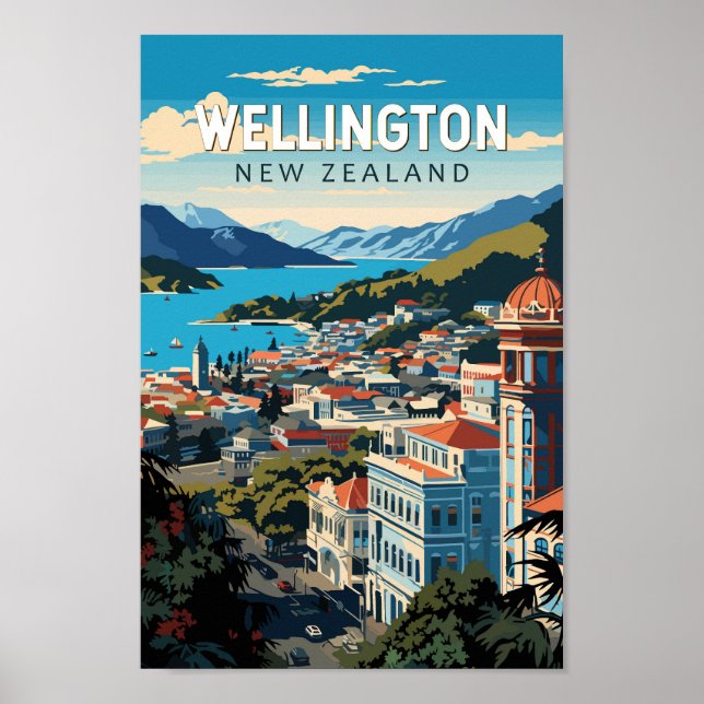 Wellington New Zealand Travel Art Vintage Poster (Front)