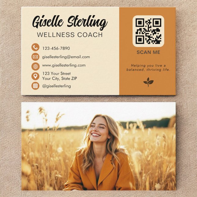 Wellness Coach Yellow Orange QR Code Photo Business Card (Creator Uploaded)
