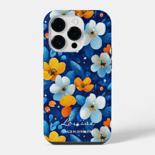 Wellness Vibrant Floral Elegance Blue & Orange iPhone 14 Pro Case