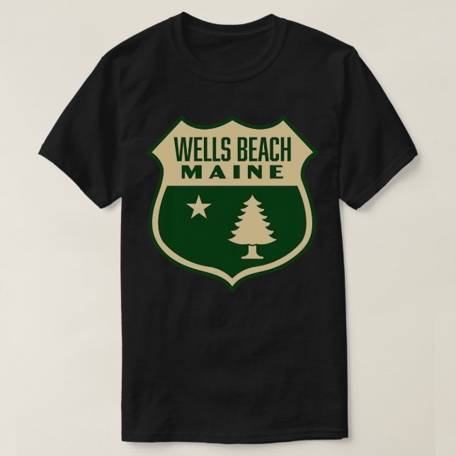 Wells Beach Maine Retro Pine Tree Shield Tan T-Shirt (Design Front)