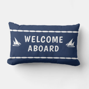 Welocme Aboard white Sailboat on Blue Lumbar Cushion