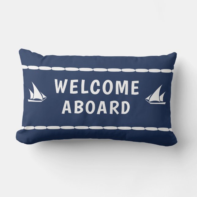 Welocme Aboard white Sailboat on Blue Lumbar Cushion (Front)