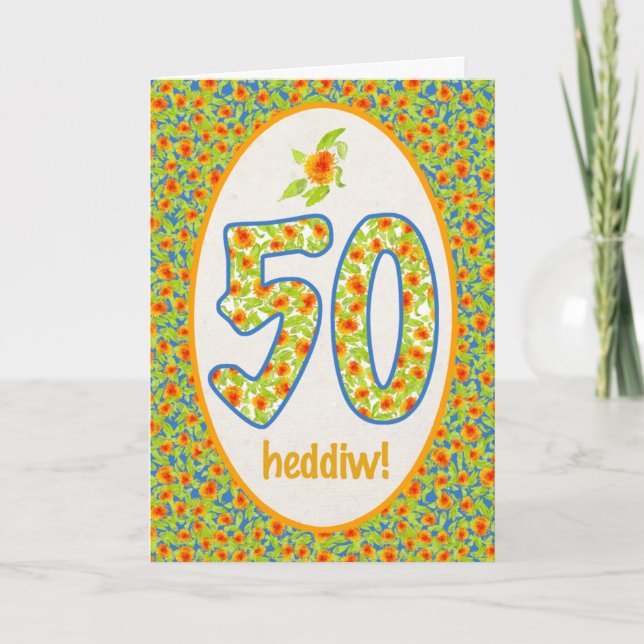 Welsh 50th Birthday Card, Orange Pot Marigolds Card (Front)
