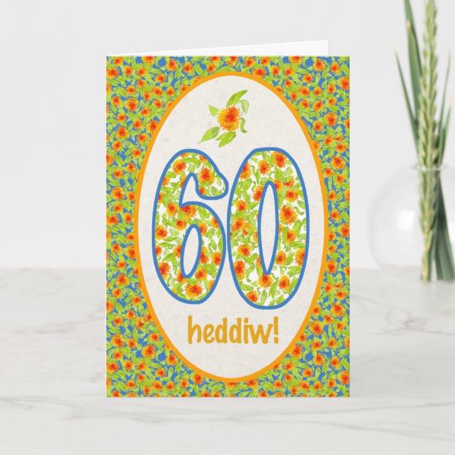 Welsh 60th Birthday Card, Orange Pot Marigolds Card (Front)