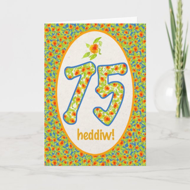 Welsh 75th Birthday Card, Orange Pot Marigolds Card (Front)