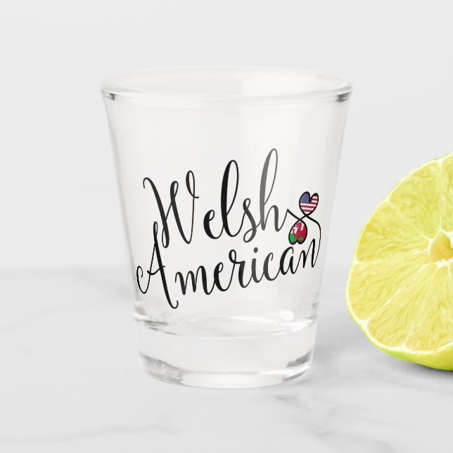 Welsh American Flag Heart, Wales Shot Glass (Front)